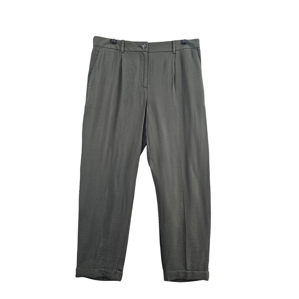 LOFT Trousers Women L Olive Green Solid Pleated Elastic Back Rayon Blend Pant‎